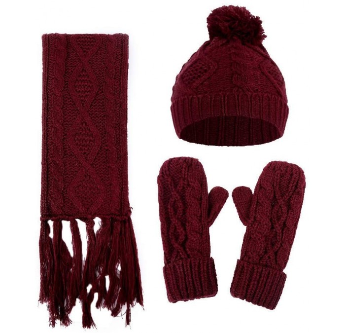 Skullies & Beanies Sikye Women's Winter Thick Crochet Hairball Woolen Knit Cable Baggy Warm Hat Beanie Scarf Gloves Set (Wine...