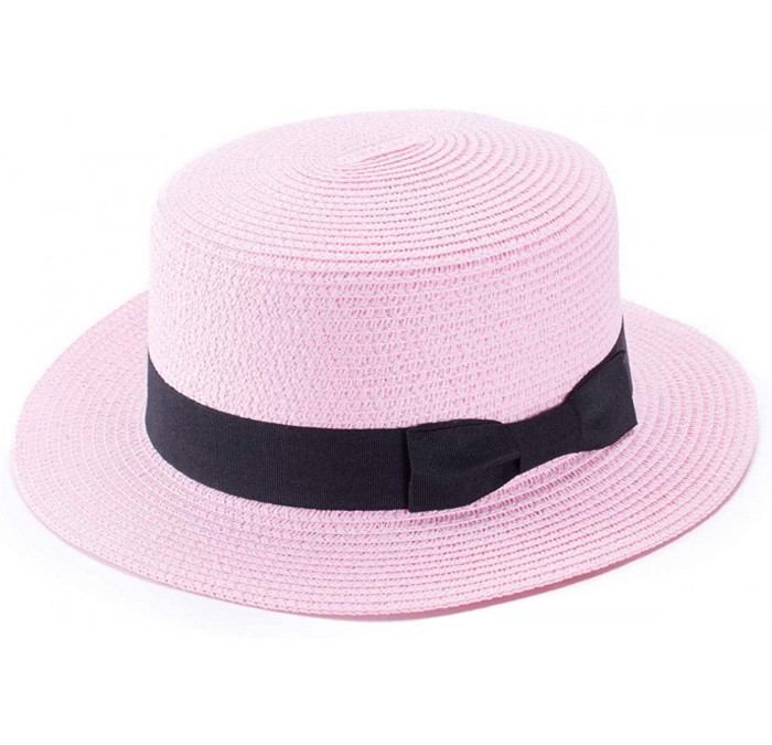 Sun Hats Womens Mini Straw Boater Hat Fedora Panama Flat Top Ribbon Summer A456 - Pink - CJ185NZDQ82 $20.50