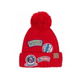 Skullies & Beanies Exclusive Winter Knit Patch Pom Pom Beanie - Red - CR12LHF3CZX $13.72