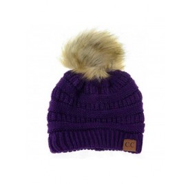 Skullies & Beanies Soft Warm Cable Knit Faux Fur Pom Pom Winter Skull Cap - Dark Purple - CA18Y6I9M5K $14.72