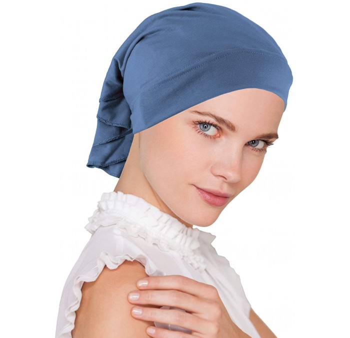 Skullies & Beanies Womens Ruffle Chemo Hat Beanie Scarf- Soft Turban Bandana Head Wrap for Cancer - 01- Dusty Blue - CT183483...