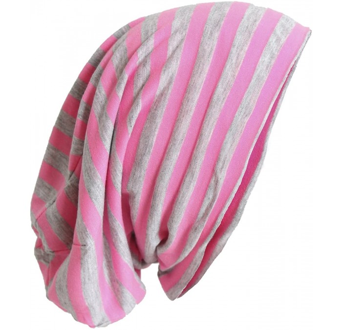 Skullies & Beanies Stretch Soft Slouchy Beanies Skullies with Stripes Design! - Grey/Dark Pink - CA11AQXUJWL $18.79