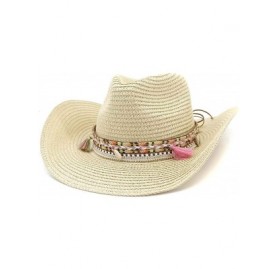 Cowboy Hats Women's Woven Straw Cowboy Hat w/Beaded Trim Band Hat Beach Holiday Sun Hats - B-beige - C718SYS9H0L $17.75