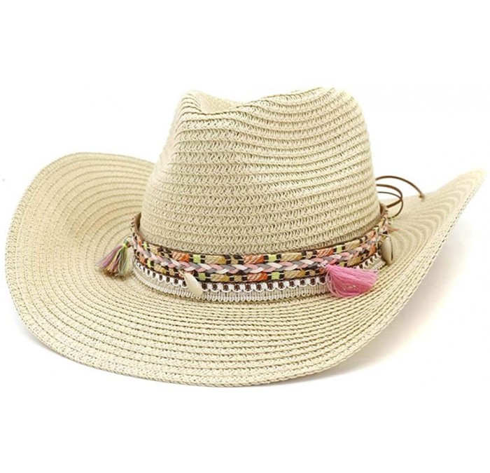 Cowboy Hats Women's Woven Straw Cowboy Hat w/Beaded Trim Band Hat Beach Holiday Sun Hats - B-beige - C718SYS9H0L $27.53