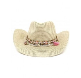 Cowboy Hats Women's Woven Straw Cowboy Hat w/Beaded Trim Band Hat Beach Holiday Sun Hats - B-beige - C718SYS9H0L $17.75