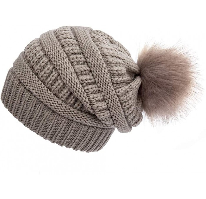 Skullies & Beanies Slouchy Winter Knit Beanie Cap Chunky Faux Fur Pom Pom Hat Bobble Ski Cap - Light Grey 02 - CT18RNRE2HK $1...