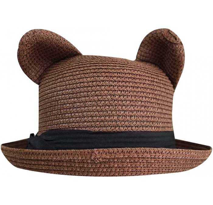 Sun Hats Women's Cute Cat Ear Round Top Bowler Straw Sun UV Summer Beach Roll-up Hat Cap - Coffee - CS12FK8APZ7 $18.50
