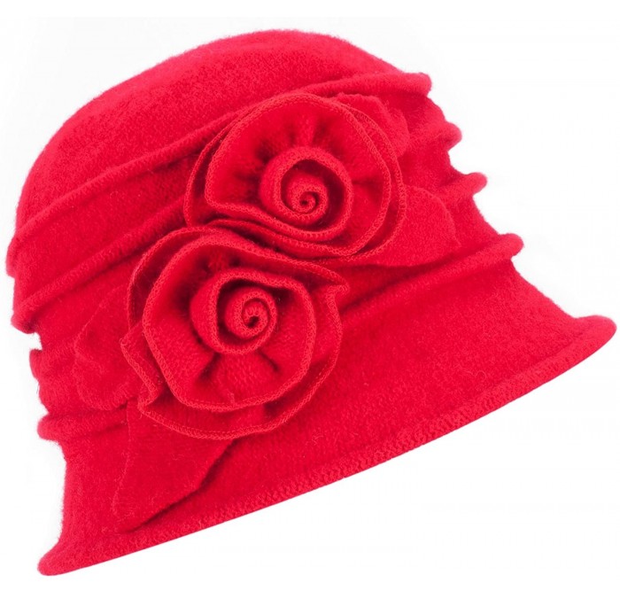 Skullies & Beanies 1920s Gatsby Womens Flower Wool Warm Beanie Bow Hat Cap Crushable A287 - Red - C11263WXZJX $14.48