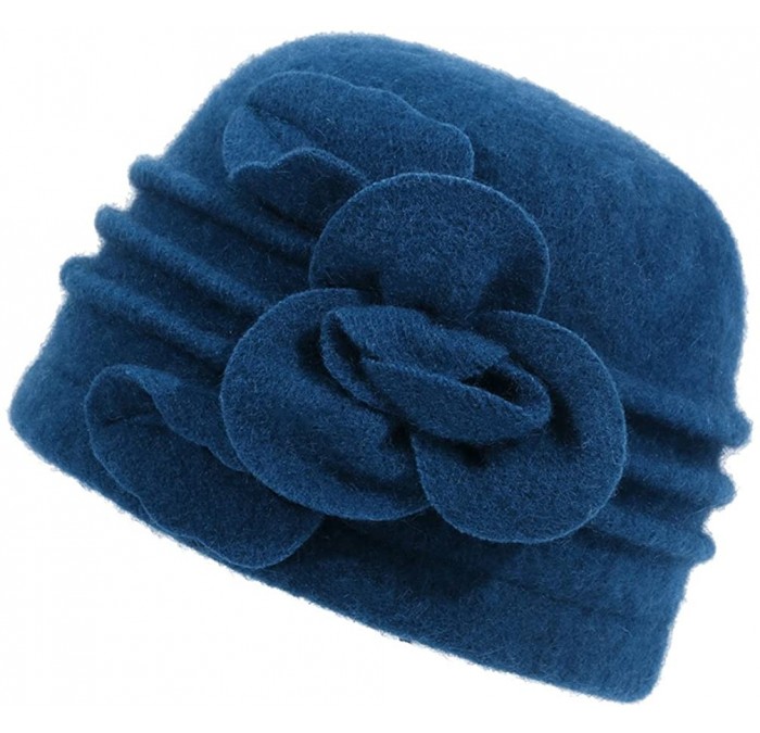Bucket Hats Women's Winter Warm Wool Cloche Bucket Hat Slouch Wrinkled Beanie Cap with Flower - Blue - C2186ANTMXE $25.76