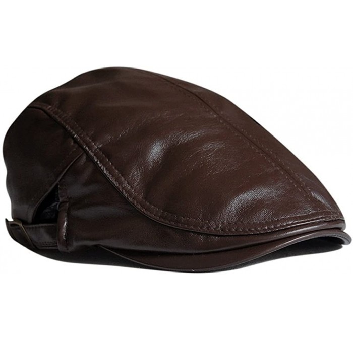 Newsboy Caps Men Women Retro Plain Color PU Synthetic Leather Flat Cap FFH129BLK - Dark Brown - CZ11K0F2AIB $47.53