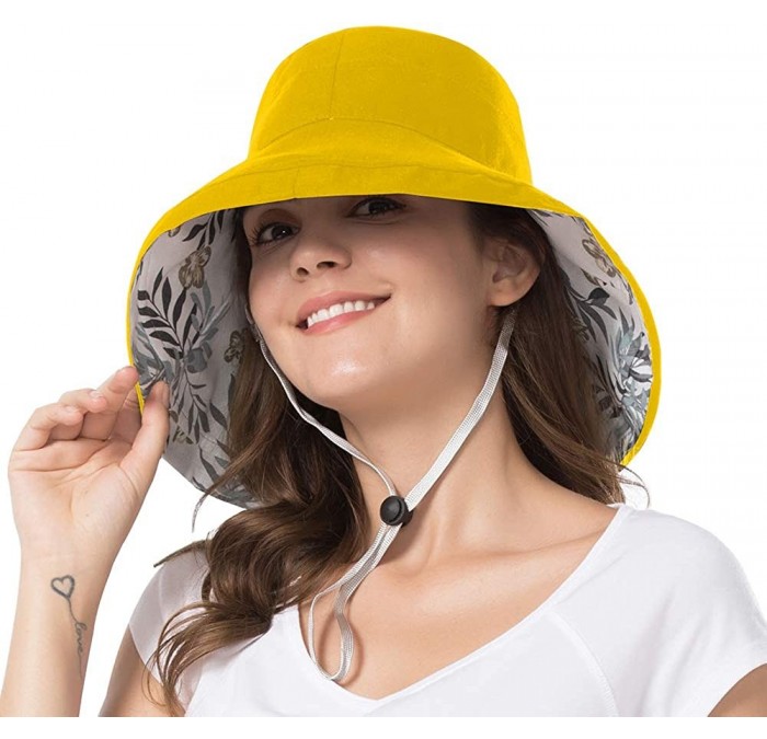 Bucket Hats Women Wide Brim Sun Hats Foldable UPF 50+ Sun Protective Bucket Hat - Printing-yellow - CO18T6SLOAI $27.93