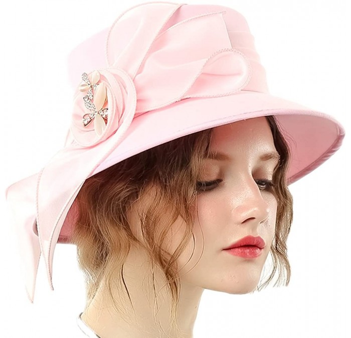Bucket Hats Women Bucket Hats Chiffon Formal Dress Hat Elegant Feather Church Hats - Pink-3 - CB186YLN45U $53.63
