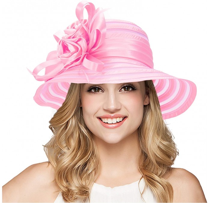Sun Hats Womens Solid Color Satin Church Wedding Kentucky Derby Sun Hat A214 - Pink - CK11W76ZFQL $11.57