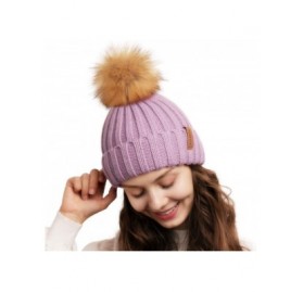 Skullies & Beanies Womens Winter Knitted Beanie Hat with Faux Fur Pom Fleece Lined Warm Beanie for Women - 19-fog Purple - CS...