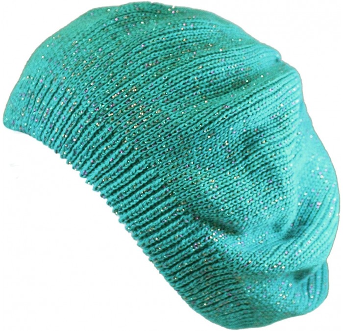 Berets Women's Warm Metallic Stripe Knit Beret Hat - Teal - CO11LGXY20L $10.37
