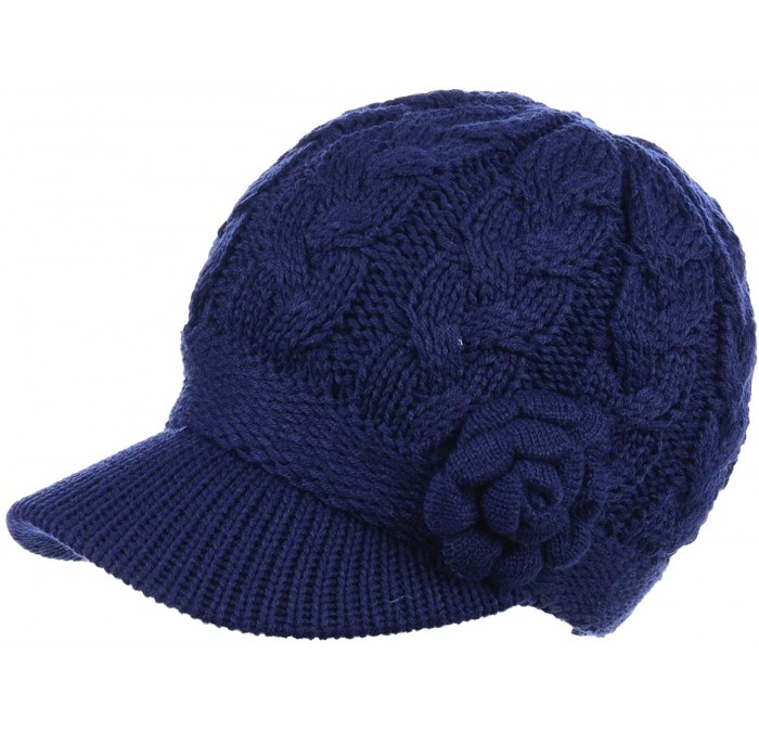Newsboy Caps Women's Winter Fleece Lined Elegant Flower Cable Knit Newsboy Cabbie Hat - Navy Cable Flower - CO18IIL035W $36.88