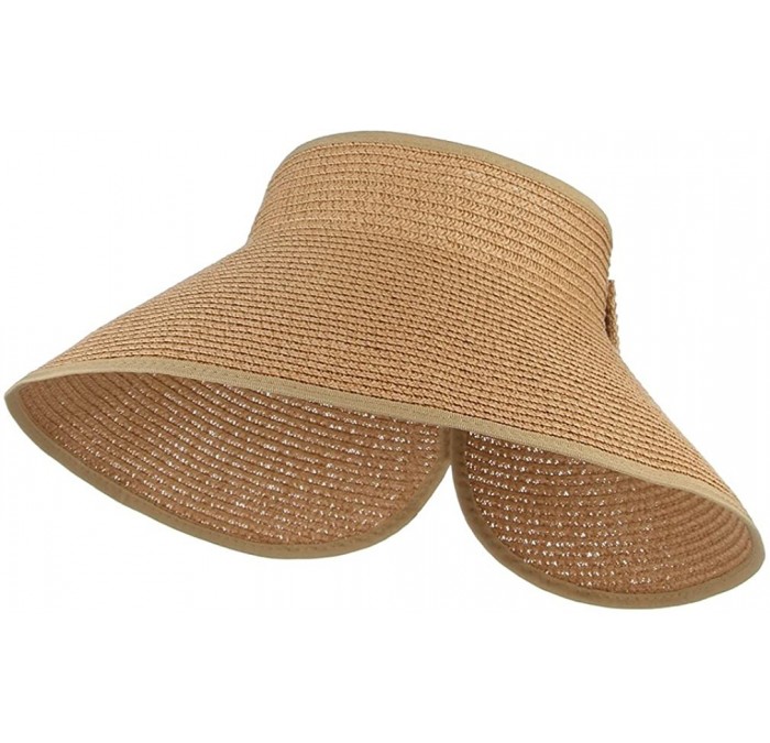 Sun Hats Women Foldable Wide Brim Straw Sun Visor Outdoor UV Proof Roll-up Open Top Hat - Camel - CG18EIR5YCM $17.95