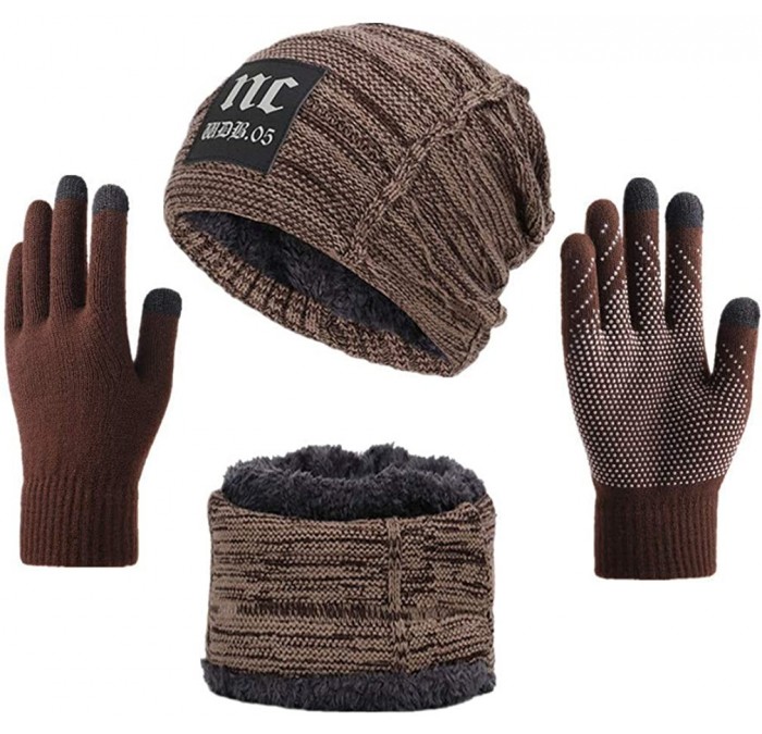 Skullies & Beanies 3 in 1 Winter Beanie Hat Scarf and Gloves Set Warm Knit Hat Thick Fleece Lined for Men Women - Nc Khaki+gl...