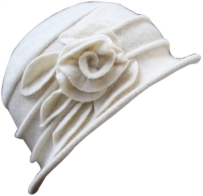 Bucket Hats Vintage Women Wool Church Cloche Flapper Hat Lady Bucket Winter Flower Cap - White - CP189K06O7G $28.05