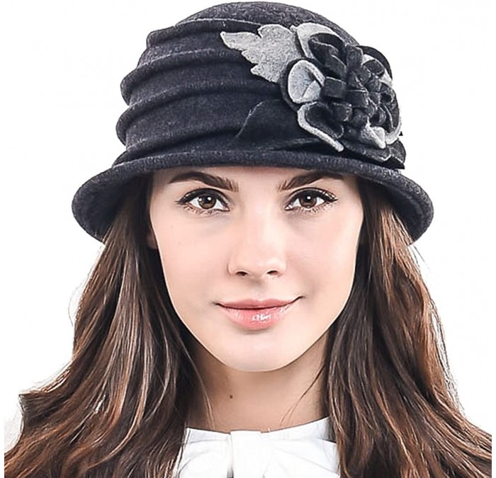 Bucket Hats Women's Elegant Flower Wool Cloche Bucket Ridgy Bowler Hat 09-co20 - Dark Gray - CM125YOO3P1 $47.21