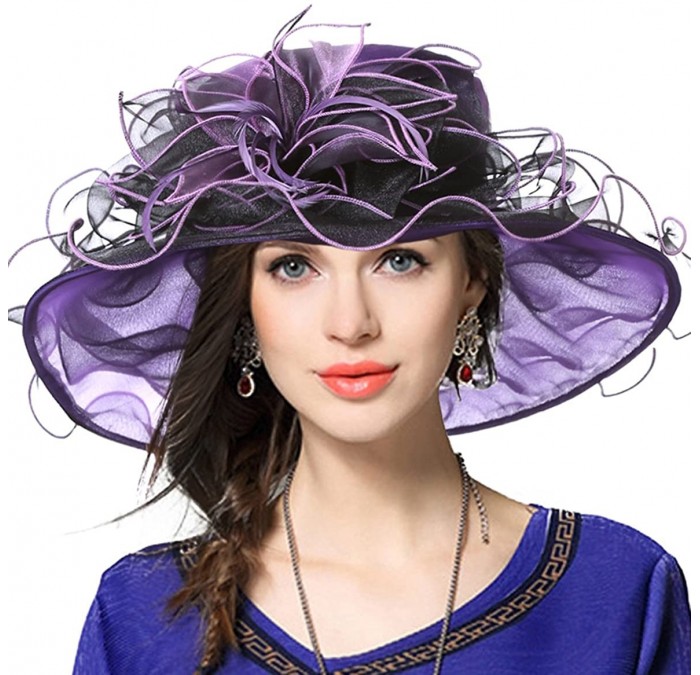 Sun Hats Women Church Derby Hats Tea Party Bridal Dress Wedding Hat - Purple/Black - CM17YK87CTY $47.72