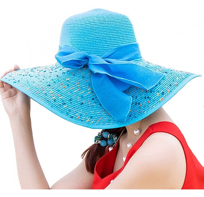 Sun Hats Women's Big Bowknot Straw Sun Hat Floppy Foldable Roll up UV 50+ Beach Cap - Blue-style B - CL18STNDA7X $28.20