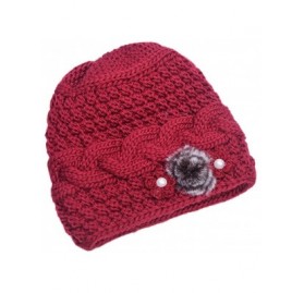 Skullies & Beanies Women's Mother Elderly Winter Skull Cap Fur Flowers Velvet Knit Hat - Red - CX12NFD5PN1 $18.18