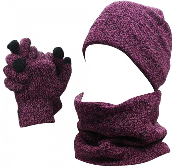 Balaclavas Mens Winter 3 Pieces Set Scarf Skull Beanie Hat Cap Touch Screen Gloves Mittens - Rose - C318M3RL2U8 $23.78
