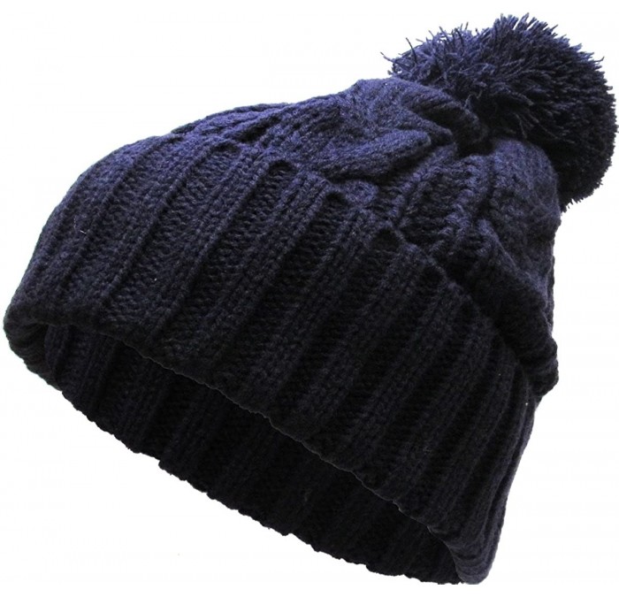 Skullies & Beanies Women's Winter Warm Thick Oversize Cable Knitted Beaine Hat with Pom Pom - (510) Navy - CI11OD9VACH $21.32