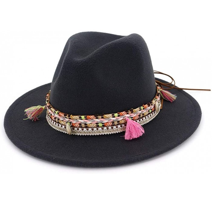 Fedoras Women's Felt Fedora Hat Wide Brim Panama Hats with Tassel - Dark Grey - CU18TSQIYUQ $14.78