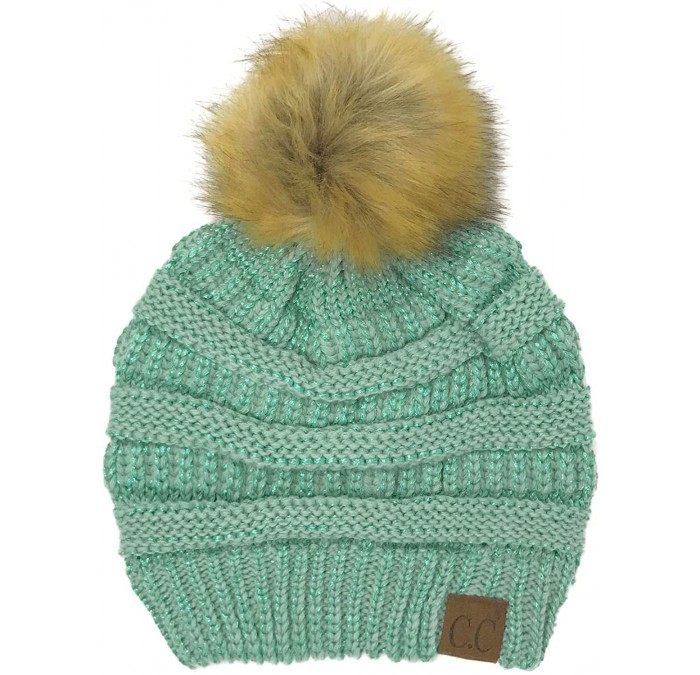 Skullies & Beanies Fur Pom Winter Fall Trendy Chunky Stretchy Cable Knit Beanie Hat - Metallic Mint - CY18YAI3QD4 $11.84