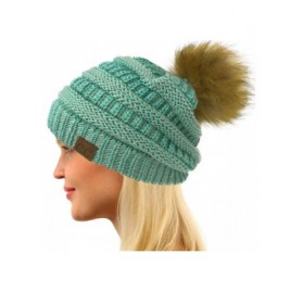 Skullies & Beanies Fur Pom Winter Fall Trendy Chunky Stretchy Cable Knit Beanie Hat - Metallic Mint - CY18YAI3QD4 $11.84