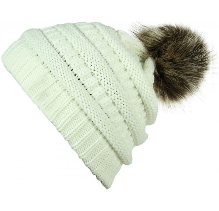 Skullies & Beanies Pom Pom Hats for Women Winter Cable Knit Beanie Faux Fur Pom Pom Soft Warm Ski Cap Girls - White Pom Hat -...