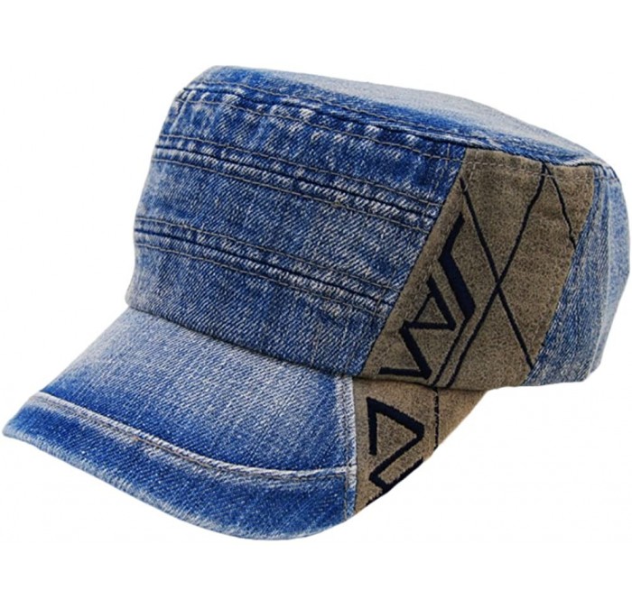 Newsboy Caps Unisex Flat Top Cadet Cap Washed Denim Distressed Military Corps Hat Solid Peaked Cap Adjustable Size - C2185YLI...