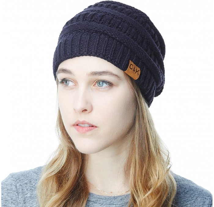 Skullies & Beanies Soft Stretch Cable Knit Warm Chunky Beanie Skully Winter Hat - 1. Solid Navy - CY18XH0OQS2 $19.98