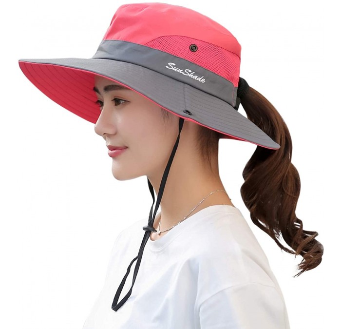 Sun Hats Women's Summer Mesh Wide Brim Sun UV Protection Hat with Ponytail Hole - Watermelon Red - CX194AQYGQG $12.98