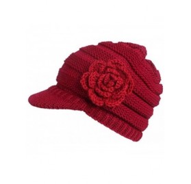 Skullies & Beanies Women Winter Warm Hat Knit Visor Brim Cap with Flower Accent - X Wine Red Flower - CB18IIQM2HH $14.43