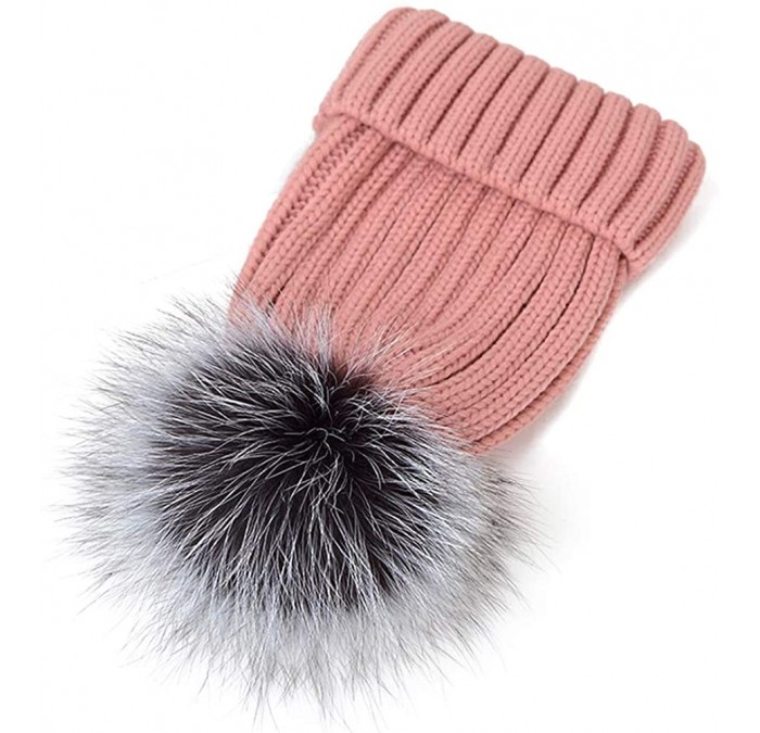 Skullies & Beanies Winter Knit Hat Kids Real Fur Pom Pom Warm Beanie Hat - Pink (Real Silver Fox Fur) - CD18Y2CENE0 $40.27