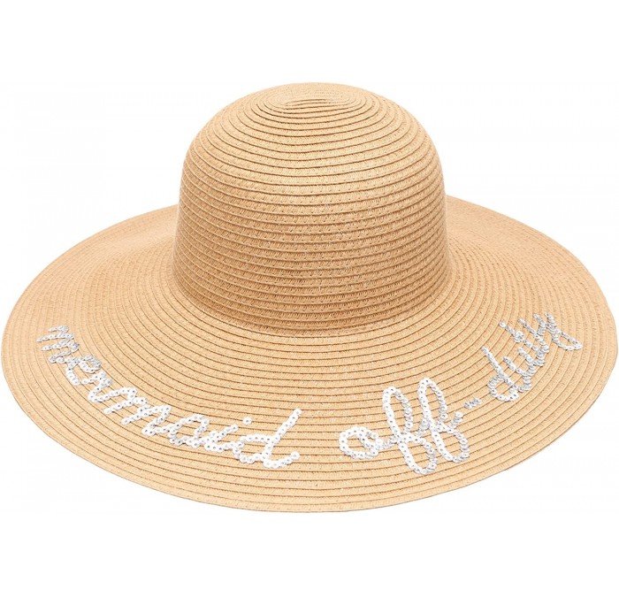 Sun Hats Women's Summer Wide Brim Sequins Verbiage Beach Sun Floppy Hat - Mermaid Off -Duty-light Brown - CR18D0SXSXL $29.05