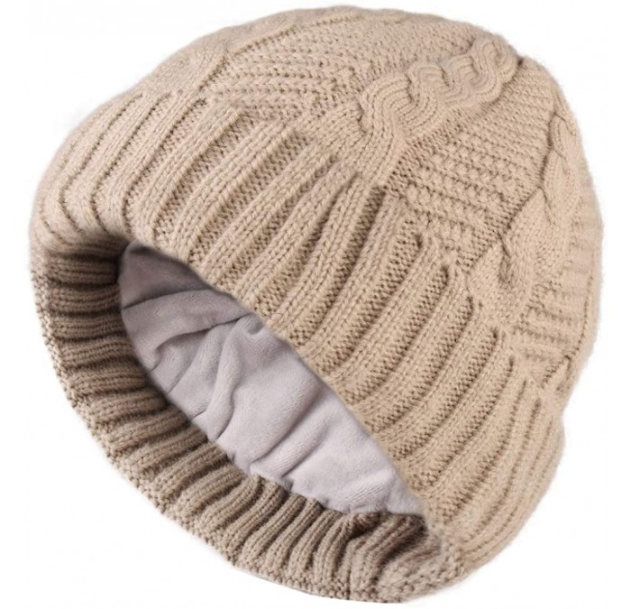Skullies & Beanies Beanie Hat for Men Women Cuffed Winter Hats Cable Knit Warm Fleece Lining Skull Cap - Dark Beige - CR18WL7...