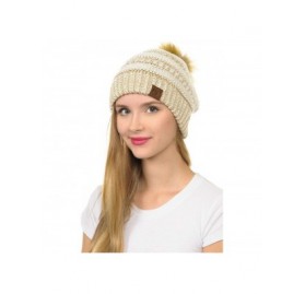 Skullies & Beanies Hat-43 Thick Warm Cap Hat Skully Faux Fur Pom Pom Cable Knit Beanie - Metallic Ivory/Gold - CL18X5NHWMA $1...