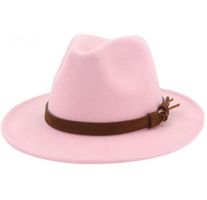 Fedoras Wide Brim Vintage Jazz Hat Women Men Belt Buckle Fedora Hat Autumn Winter Casual Elegant Straw Dress Hat - Pink B - C...