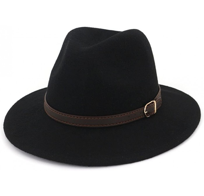Fedoras Women's 100% Wool Fedora Panama Hat Wide Brim with Belt - Black - CU18E4QN73M $19.61