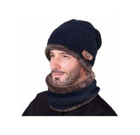 Cold Weather Headbands Men Warm Beanie Winter Thicken Hat and Scarf Two-Piece Knit Windproof Cap - Navy - CX192ZK8TCO $9.30