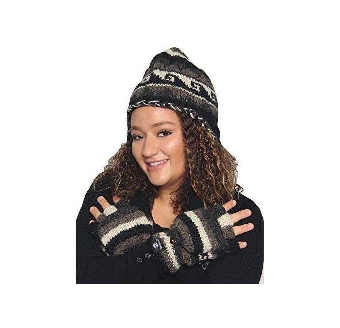 Skullies & Beanies Nepal Hand Knit Ear Flaps Beanie Ski Wool Hat & Glove Mitten Set - Natural 1 - CP12MXP922R $38.65