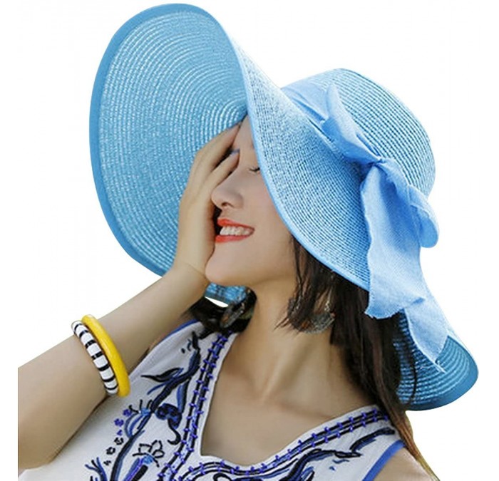 Sun Hats Women Big Bowknot Straw Hat Floppy Foldable Roll Up Beach Cap Sun Hat - Sky Blue - C418D2TA30L $11.93
