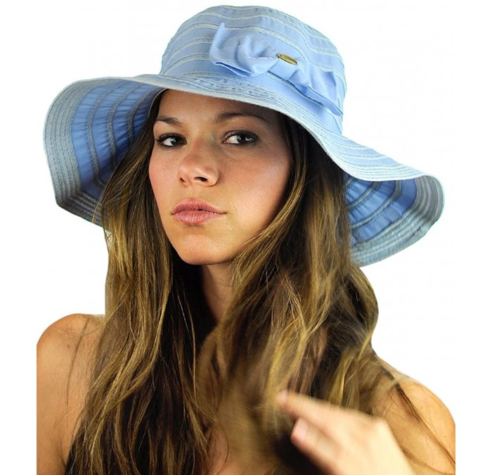 Sun Hats Women's Two Tone Weaved Removable Bow Floppy Brim Sun Hat - Baby Blue - CU12CU9TKKV $20.71