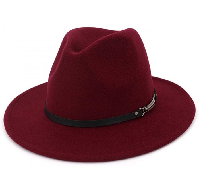 Fedoras Womens Felt Fedora Hat- Wide Brim Panama Cowboy Hat Floppy Sun Hat for Beach Church - Wine - C218Y8XHQ3E $11.85