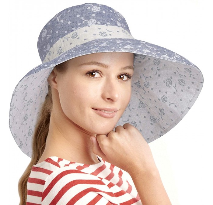 Sun Hats Womens 5'' Super Wide Brim Sun Hats Summer UPF 50+ Beach Hat Foldable Floppy Rose Cap - Navy - C518Q3E9Z2O $8.56