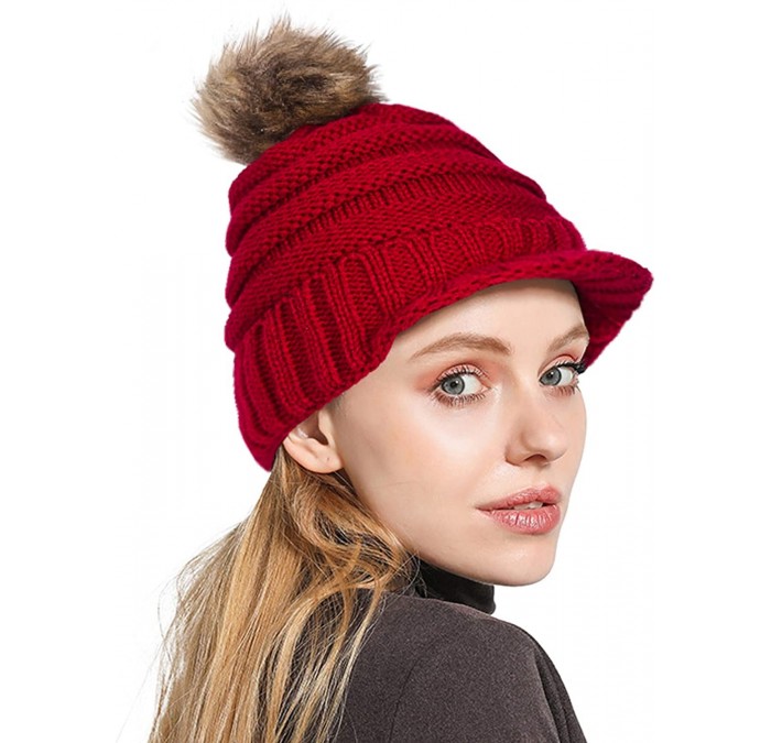 Skullies & Beanies Womens Winter Warm Ribbed Beanie Hat with Brim- Girls Knit Visor Pom Pom Ski Cap - Red - CI18AQXDHQY $10.35